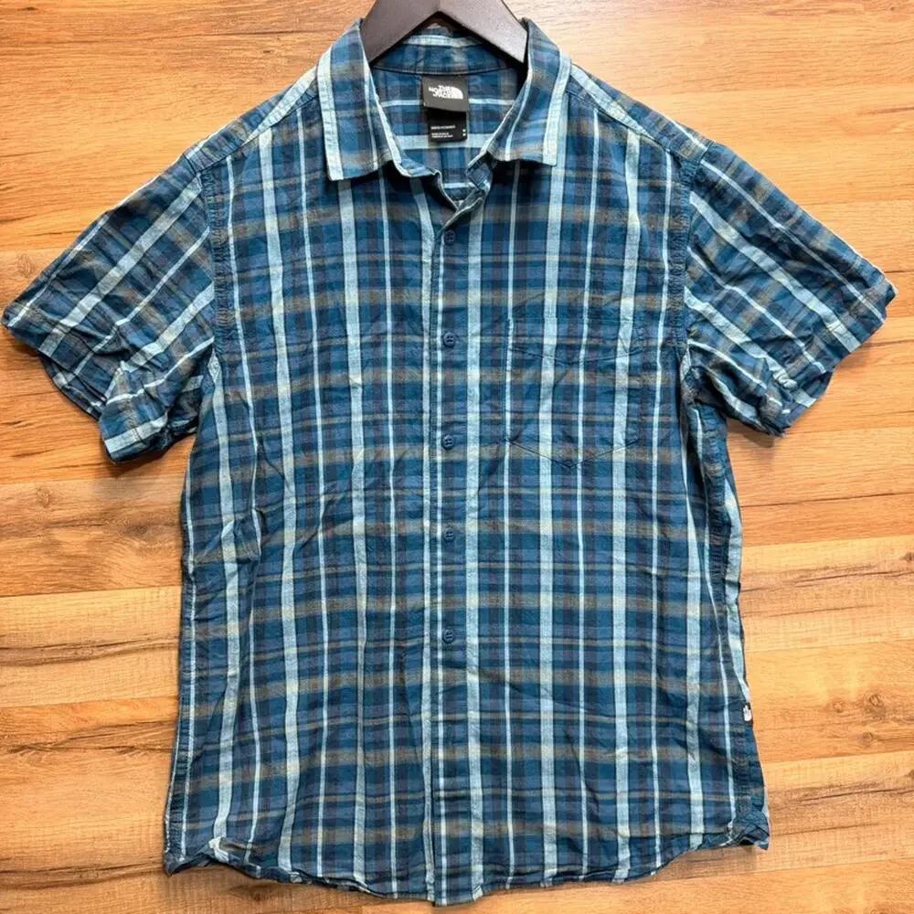 North Face Shirt Mens M Button Front Short Sleeve Pocket Blue Outdoor Plaid